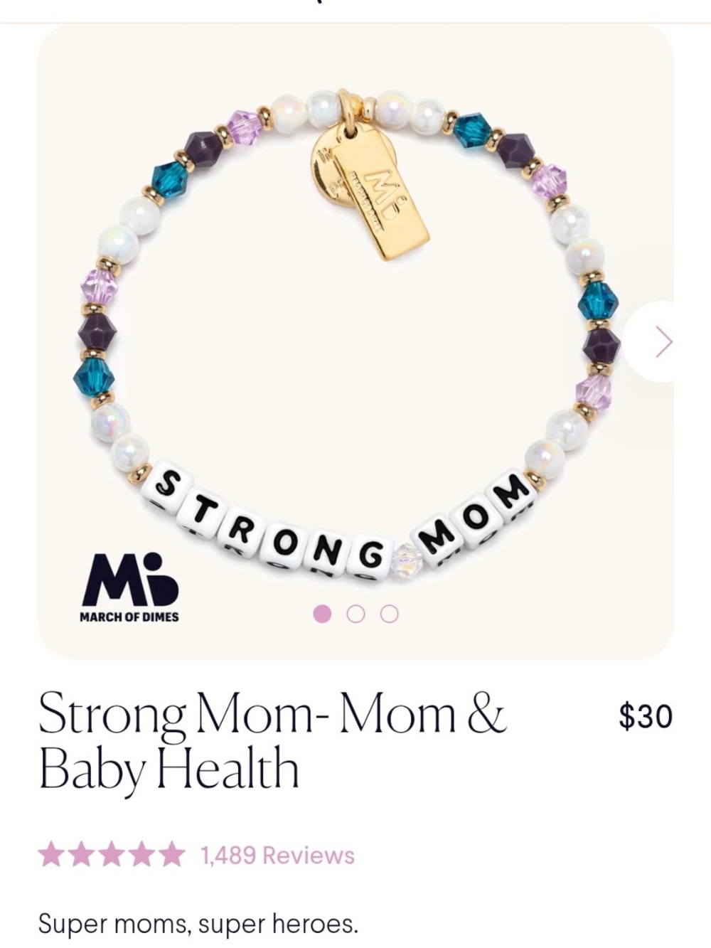 NWOT Little Words Project Strong Mom - March of Dimes Bracelet size S/M